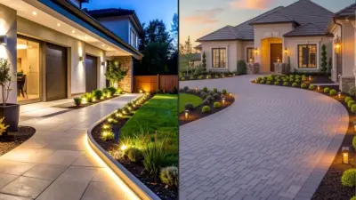 Luxury modern homes with exterior lighting, landscaped gardens and curved paver driveways at dusk