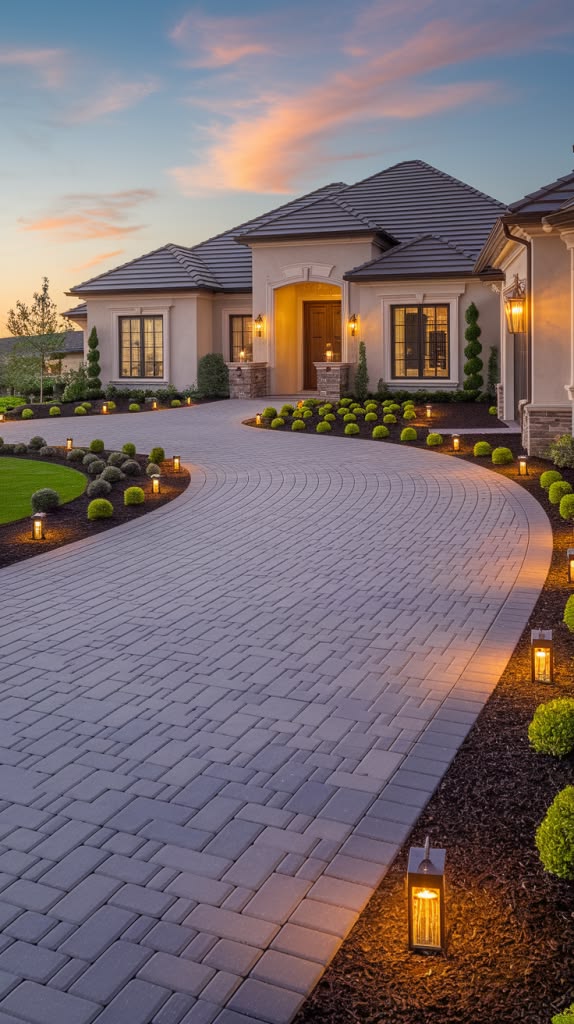 Luxury home exterior with curved paver driveway, evening landscape lantern lighting, manicured shrubs and strong curb appeal