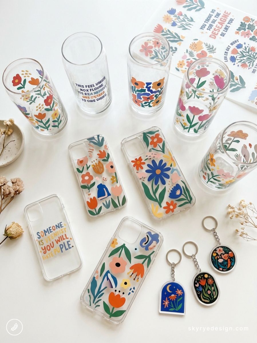 Flat lay of clear floral phone cases, matching decorative drinking glasses and floral keychains on white
