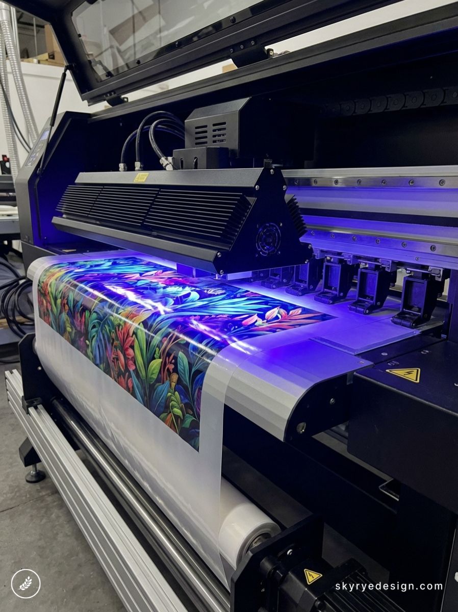 Large-format UV printer producing vibrant floral vinyl graphics on roll-to-roll media in a print shop