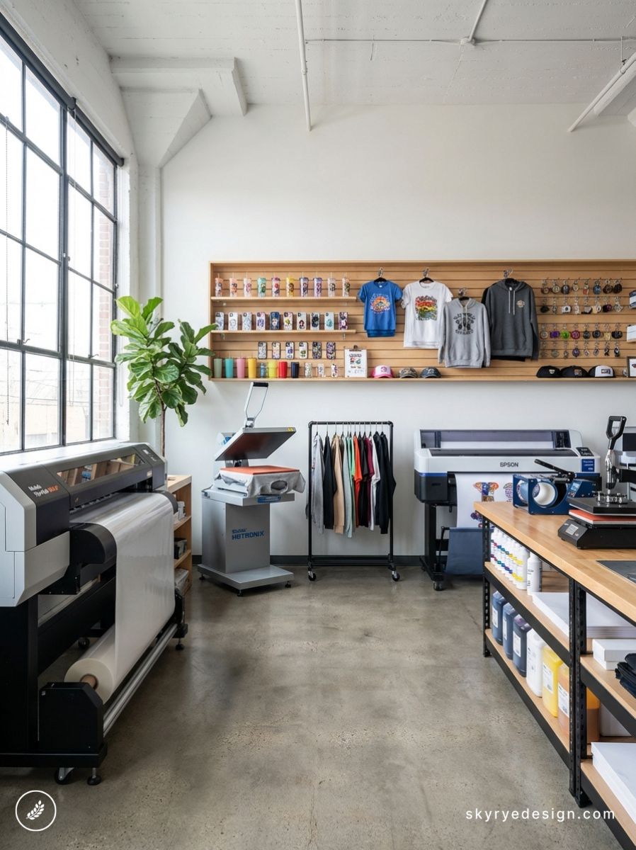 Custom apparel printing studio with large-format printers, heat press, clothing rack and merch wall display