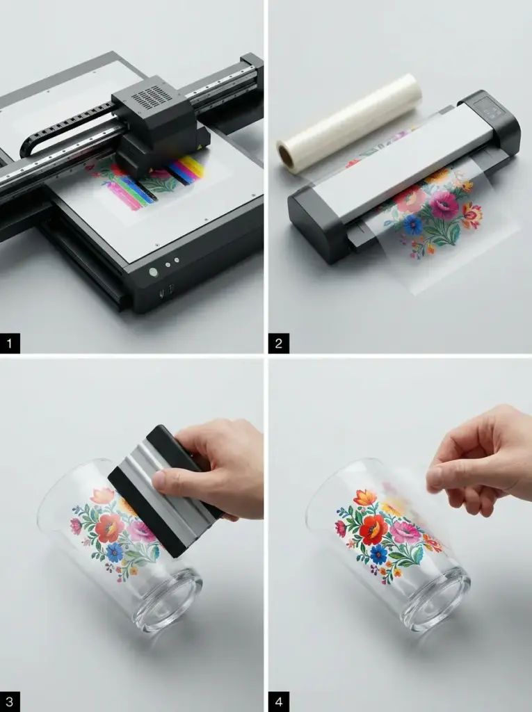 Four-step process: printing and laminating a floral decal, squeegeeing it onto a glass cup, then peeling to reveal.