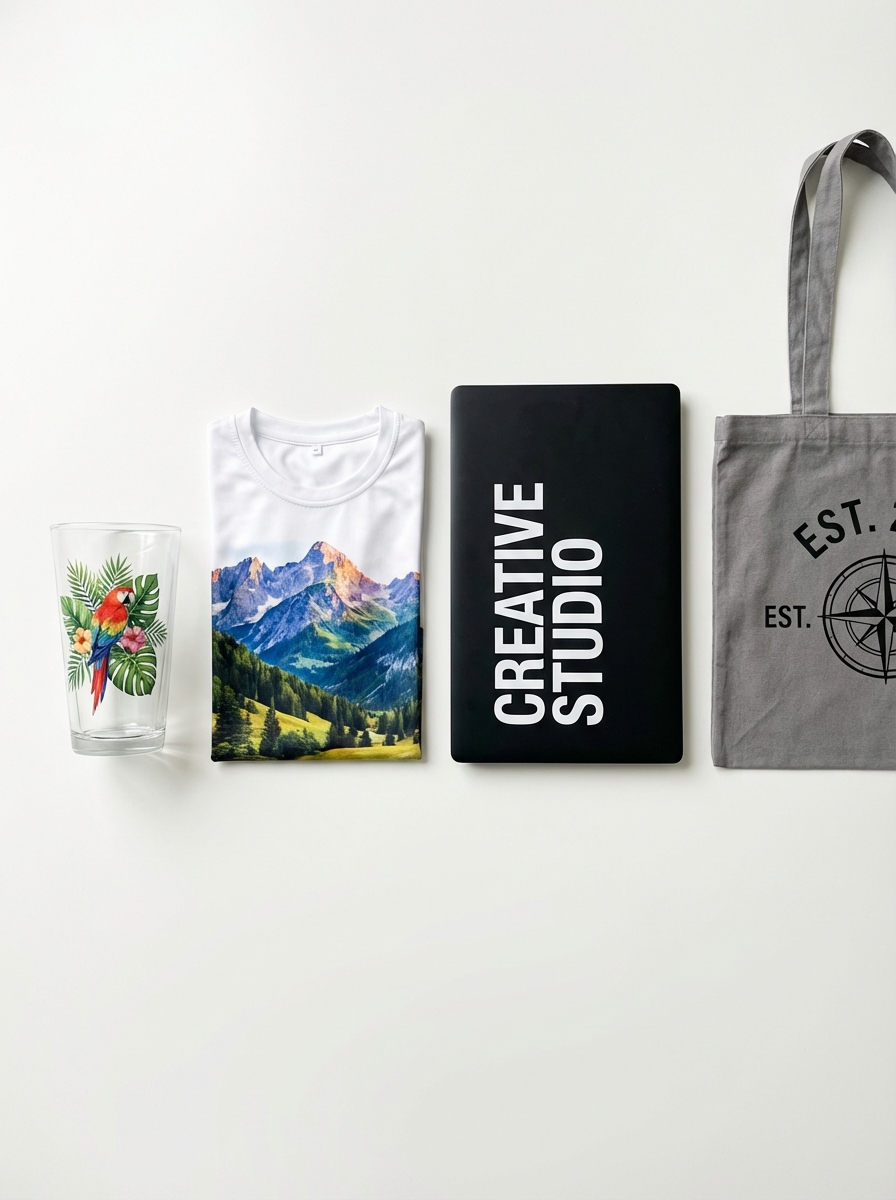 Flatlay: printed parrot glass, mountain scenic folded t-shirt, black Creative Studio notebook, gray compass tote bag