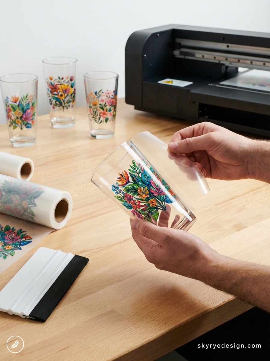 DIY floral vinyl decal application on glass tumbler using transfer tape, vinyl cutter and squeegee on workbench.