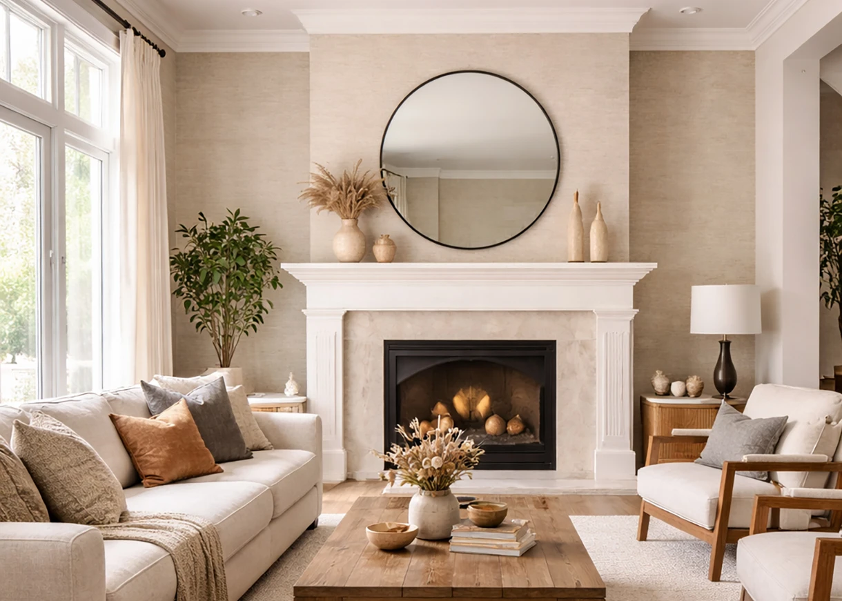 Cozy neutral living room with fireplace, round mirror, beige sofas, wooden coffee table and dried floral decor