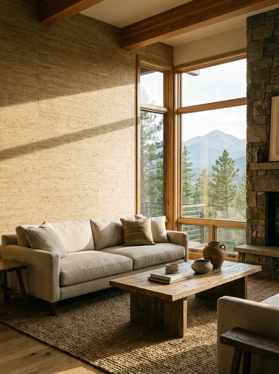 Modern rustic living room with neutral sofa, wood coffee table, stone fireplace and large windows showcasing mountain view.