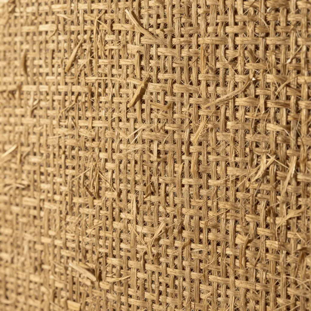 Close-up of burlap jute weave texture, coarse natural fiber fabric with frayed strands, beige rustic background