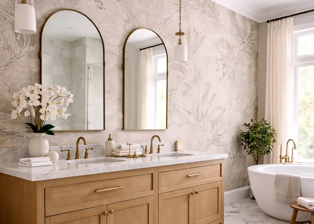 Luxury bathroom with double vanity, marble countertop, brass faucets, arched mirrors and freestanding tub, neutral wallpaper