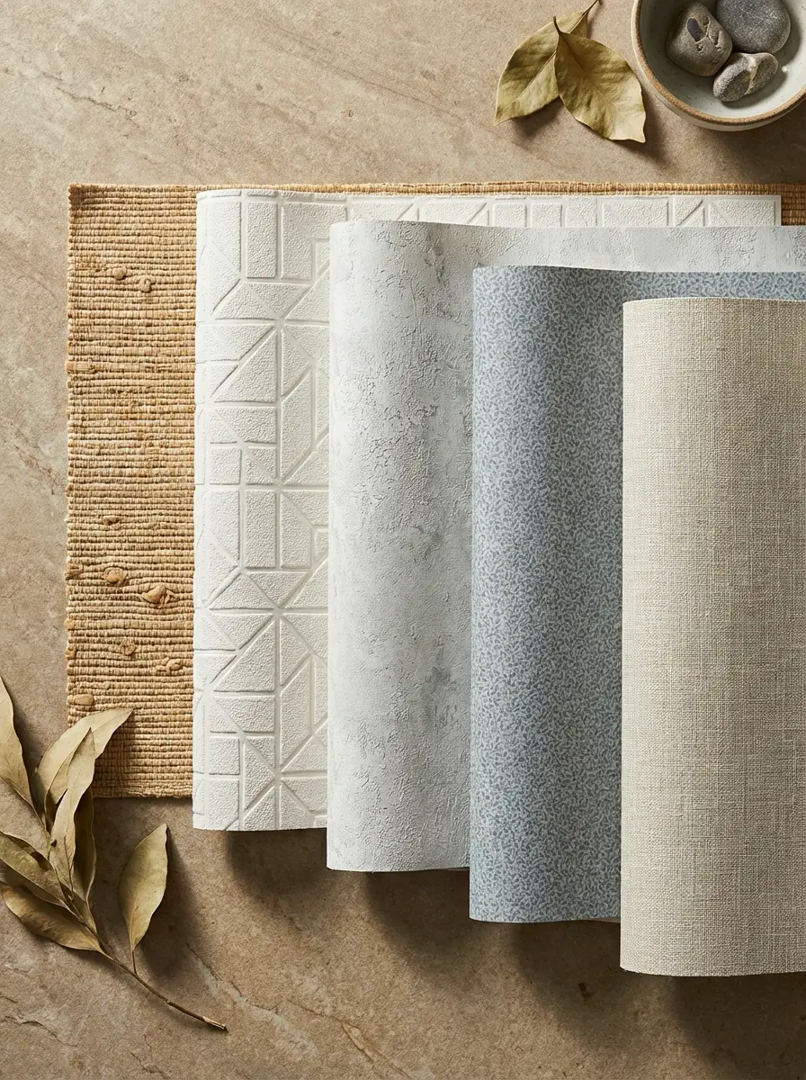 Textured wallpaper samples: neutral rolled wallcoverings on stone surface with jute mat and dried leaves
