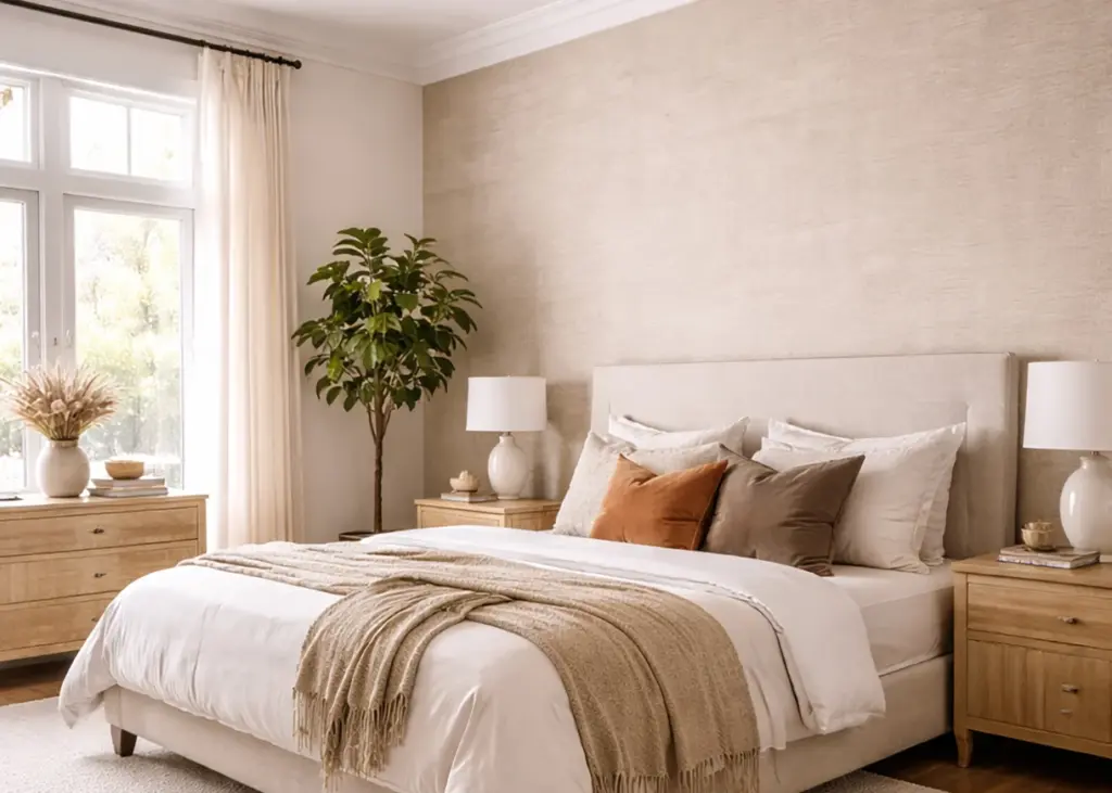 Bright neutral bedroom interior with upholstered bed, layered linens and throws, wooden nightstands, ficus and natural light