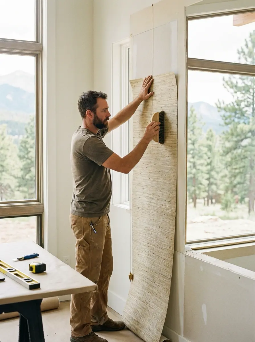 Man installing textured wallpaper in sunlit room beside large windows overlooking pine forest