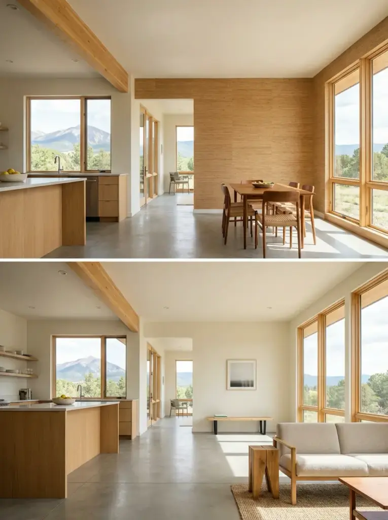 Bright modern open-plan kitchen, dining and living area with wood accents, floor-to-ceiling windows and mountain views