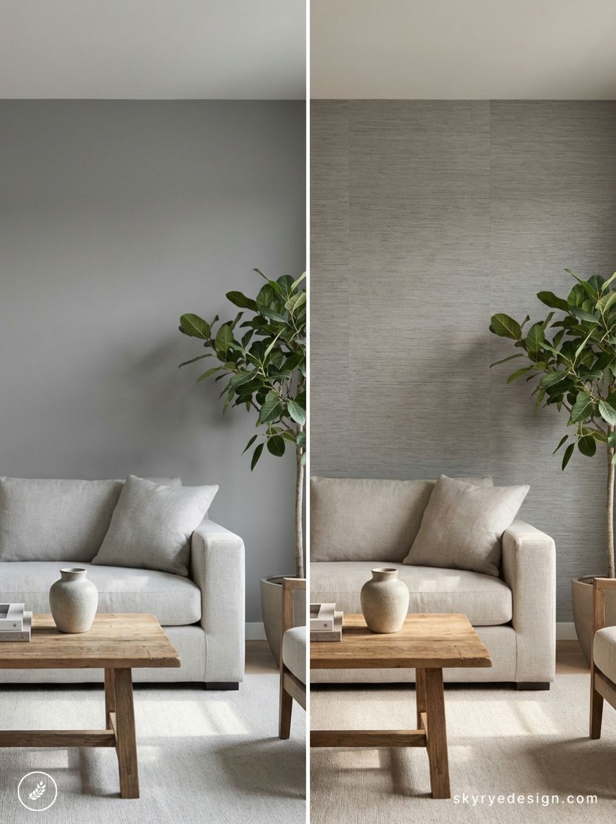 Before-and-after textured wallpaper in modern neutral living room with gray sofa, wooden coffee table and fiddle-leaf fig