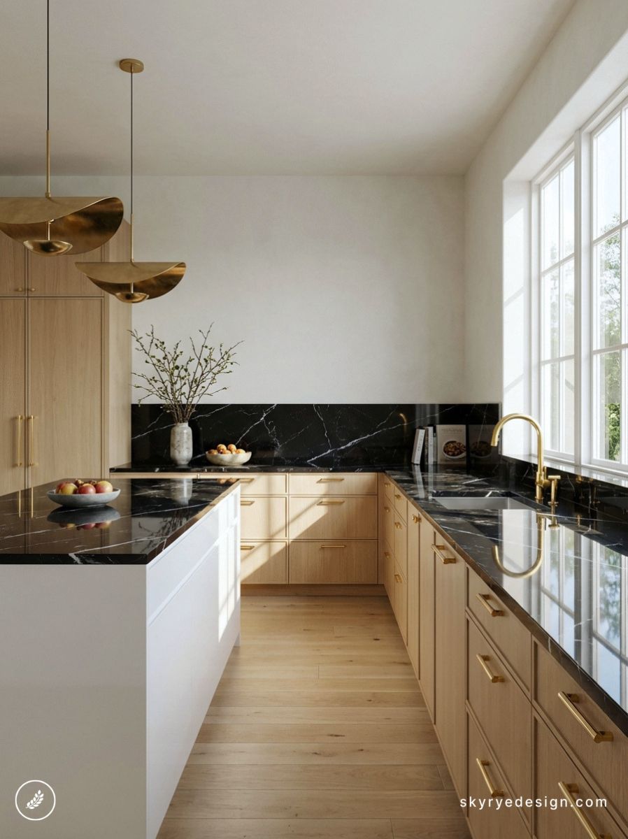architecture-floor-plan 63 Modern kitchen with black marble countertops, light wood cabinets, gold hardware, pendant lights and island | Sky Rye Design Modern kitchen with black marble countertops, light wood cabinets, gold hardware, pendant lights and island