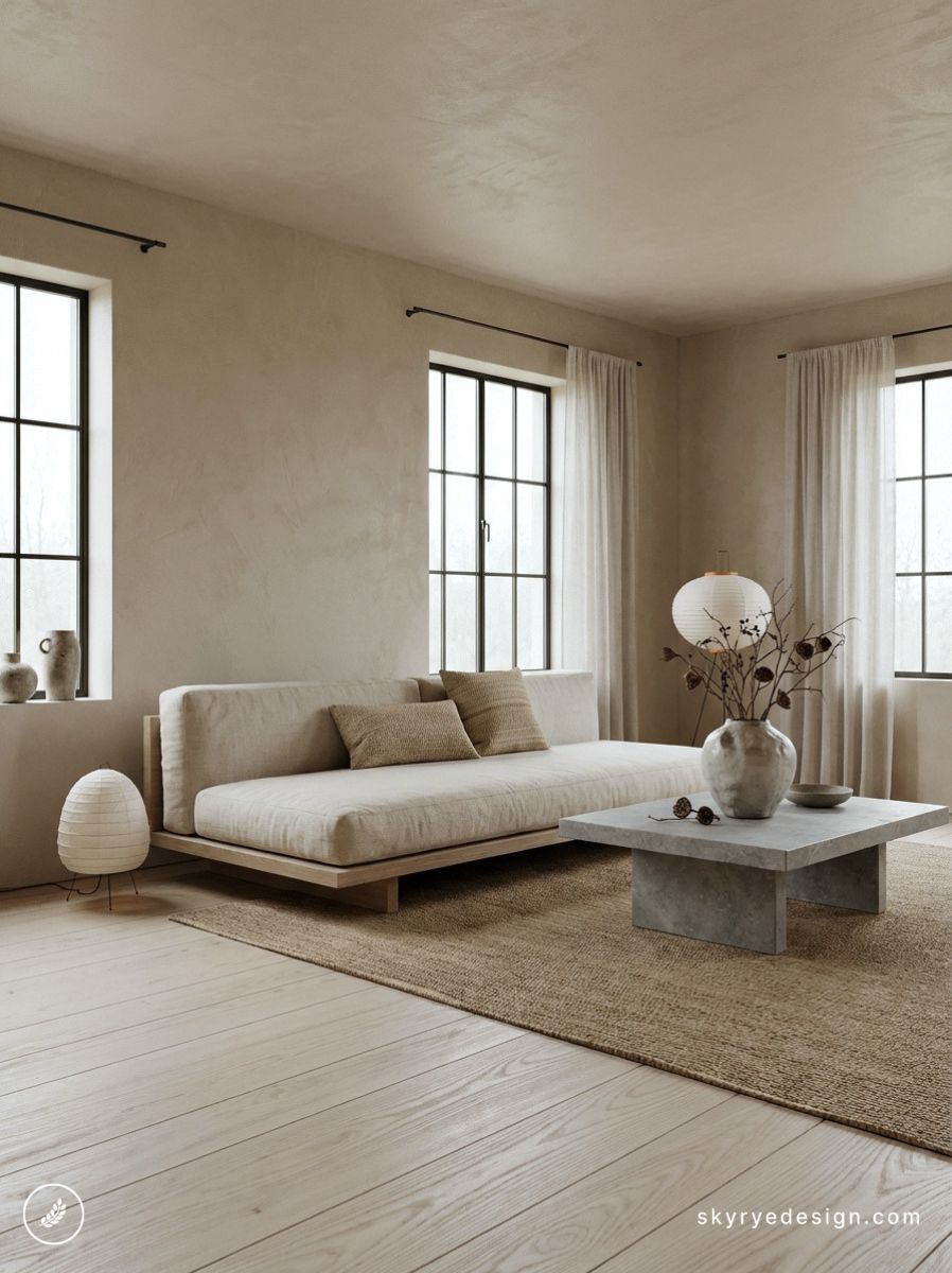 architecture-floor-plan 64 Minimalist neutral living room with beige low-slung sofa, concrete coffee table, woven rug and large grid windows | Sky Rye Design Minimalist neutral living room with beige low-slung sofa, concrete coffee table, woven rug and large grid windows