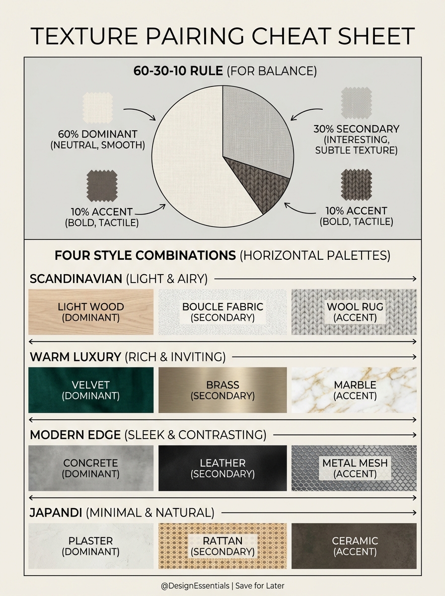 a077818a-0c1c-4d61-bd67-6f68131e537a Texture pairing cheat sheet: 60-30-10 rule pie chart and style combos—Scandinavian, Warm Luxury, Modern Edge, Japandi. | Sky Rye Design Texture pairing cheat sheet: 60-30-10 rule pie chart and style combos—Scandinavian, Warm Luxury, Modern Edge, Japandi.