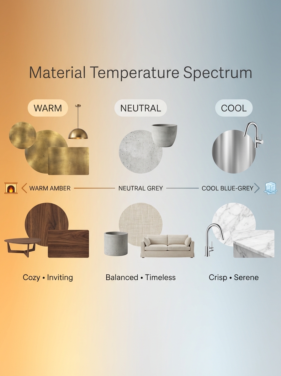 7db45c6d-a27a-42b7-b327-46a5dbe4a336 Material Temperature Spectrum: warm amber (wood/metal), neutral grey (concrete/linen), cool blue-grey (chrome/marble) | Sky Rye Design Material Temperature Spectrum: warm amber (wood/metal), neutral grey (concrete/linen), cool blue-grey (chrome/marble)