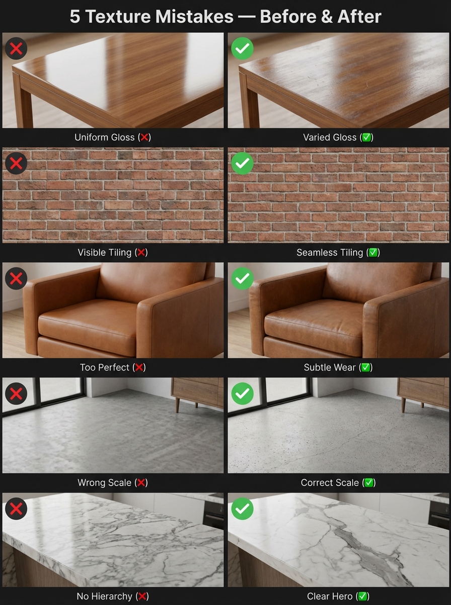 044c932c-43c3-48e1-a998-2e516169430a Texture mistakes before & after infographic: 5 fixes for gloss, tiling, wear, scale, and hierarchy in 3D textures | Sky Rye Design Texture mistakes before & after infographic: 5 fixes for gloss, tiling, wear, scale, and hierarchy in 3D textures