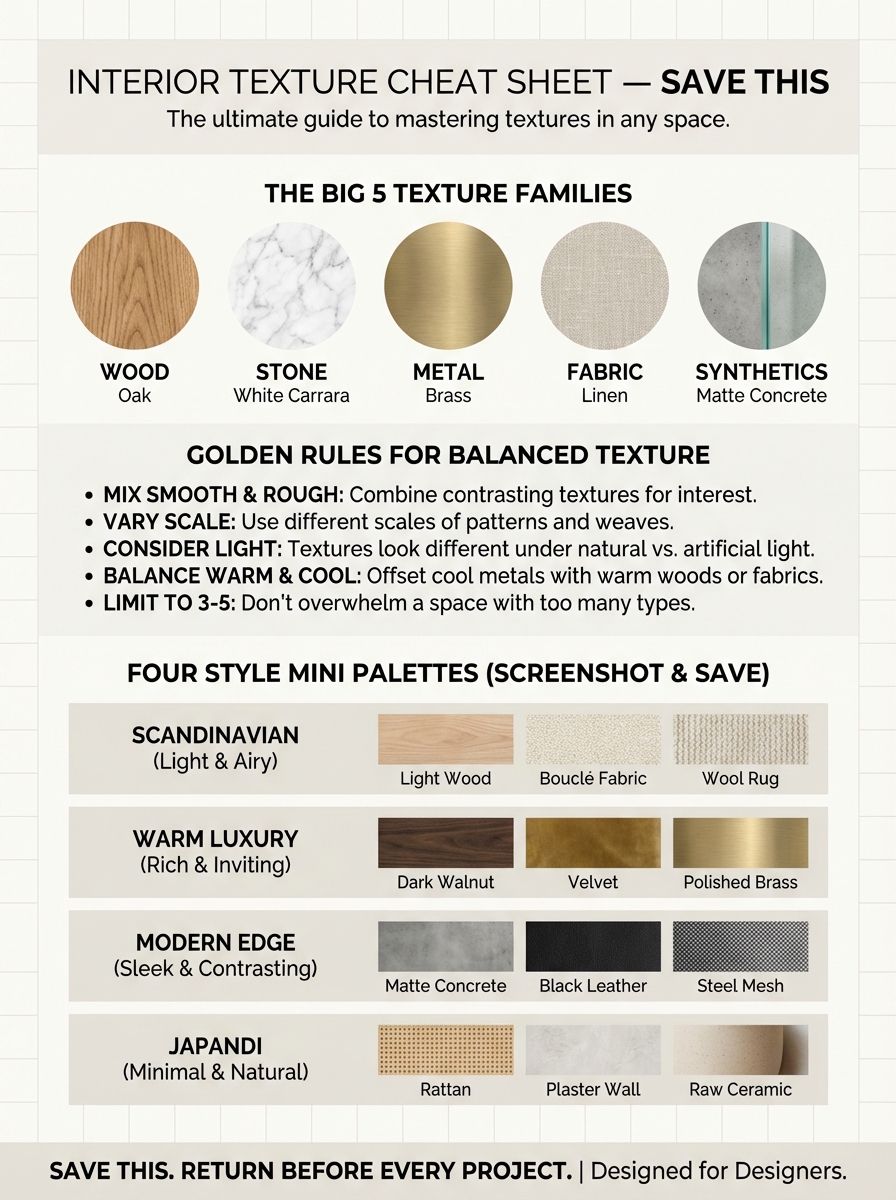 06d0d2c3-617e-40ab-b343-b0bfe49f4c7a Interior texture cheat sheet: wood, stone, metal, fabric, concrete + balance rules and 4 style palettes for interior design | Sky Rye Design Interior texture cheat sheet: wood, stone, metal, fabric, concrete + balance rules and 4 style palettes for interior design