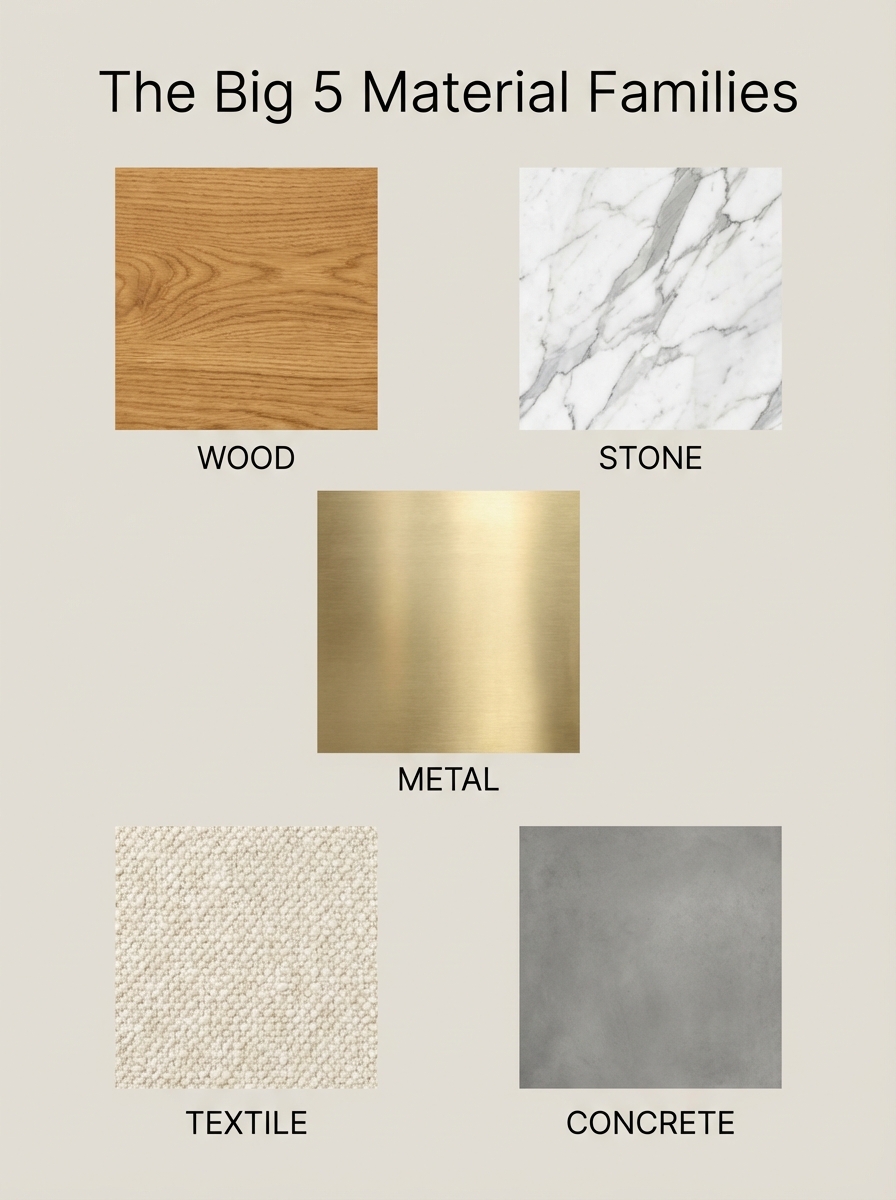 fc573fab-a666-405a-9237-2b7d8e12835d The Big 5 material families swatches for interior design: wood, stone, metal, textile, concrete on neutral background | Sky Rye Design The Big 5 material families swatches for interior design: wood, stone, metal, textile, concrete on neutral background