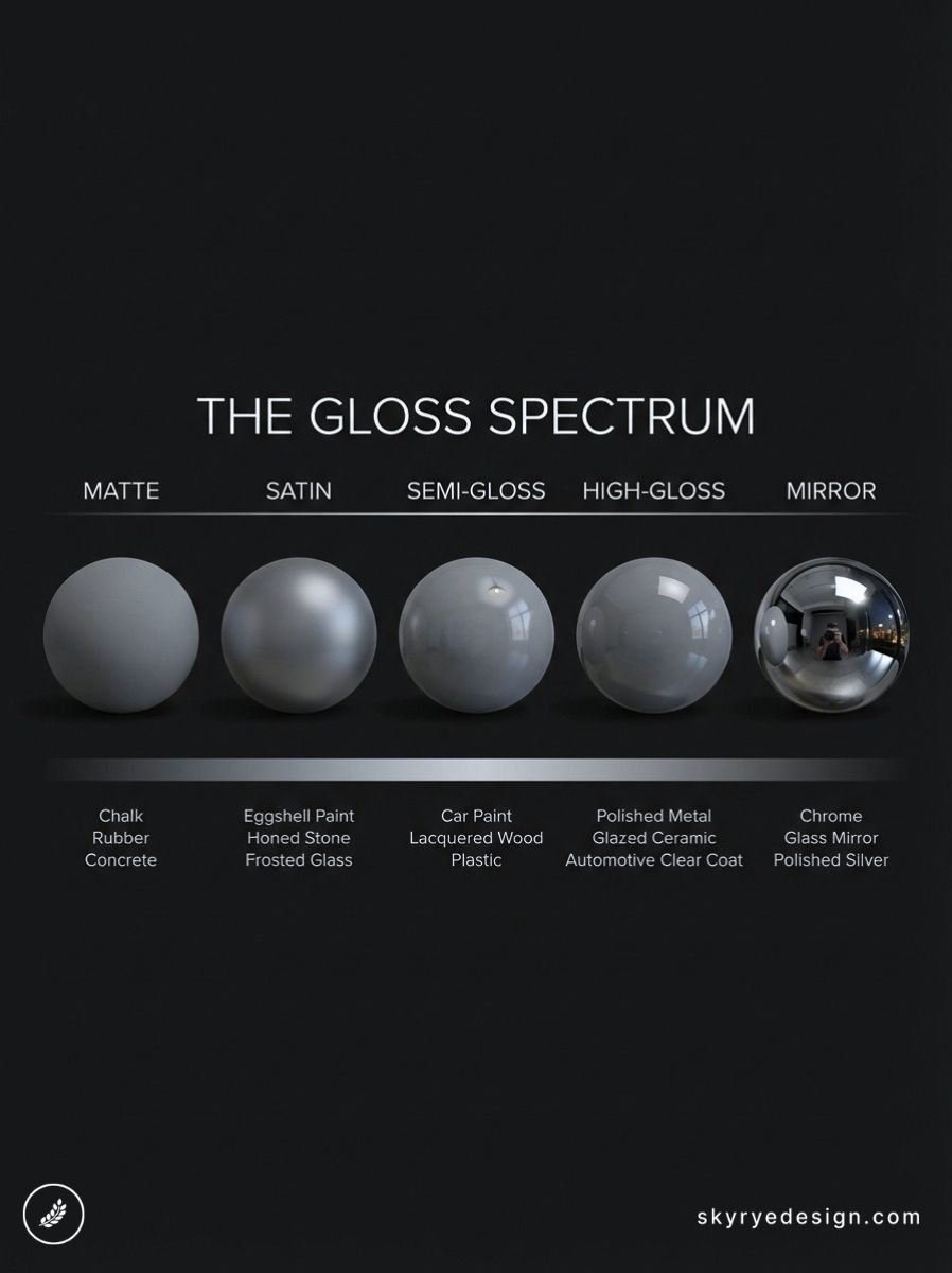 architecture-floor-plan 61 Gloss spectrum diagram: five spheres (matte, satin, semi-gloss, high-gloss, mirror) with material examples. | Sky Rye Design Gloss spectrum diagram: five spheres (matte, satin, semi-gloss, high-gloss, mirror) with material examples.