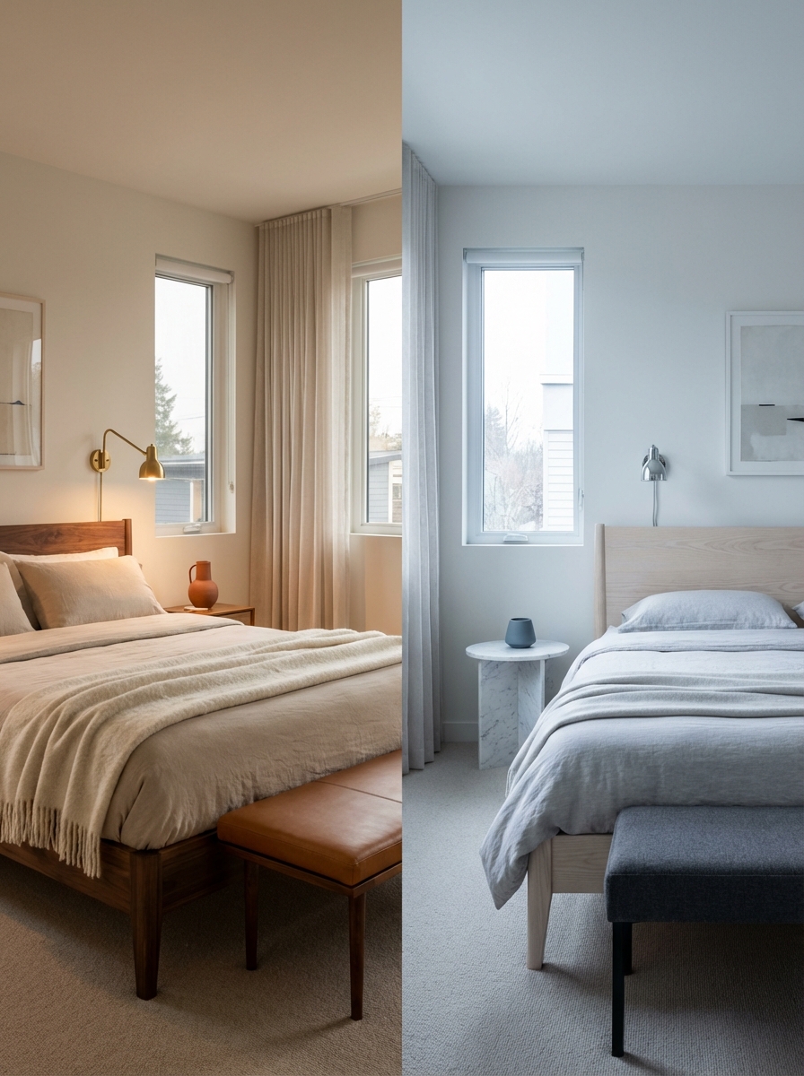 501b89d7-cb50-4214-aa94-6ef1db8a72ec Split image of two minimalist bedrooms, neutral palettes: warm beige cozy (left) and cool gray modern (right) | Sky Rye Design Split image of two minimalist bedrooms, neutral palettes: warm beige cozy (left) and cool gray modern (right)