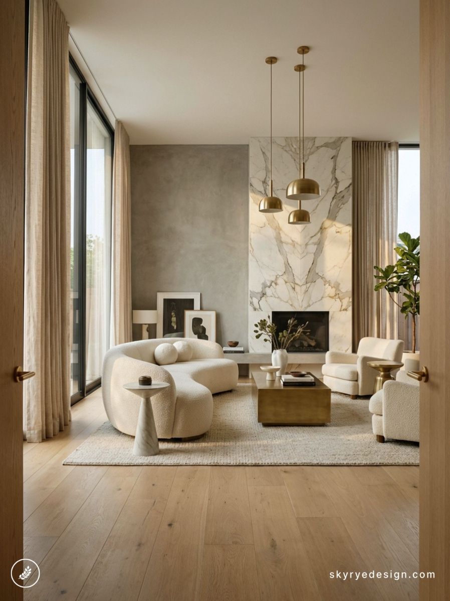 architecture-floor-plan 62 Modern neutral living room with curved cream sofa, marble fireplace, brass pendant lights and oak floors with natural light | Sky Rye Design Modern neutral living room with curved cream sofa, marble fireplace, brass pendant lights and oak floors with natural light