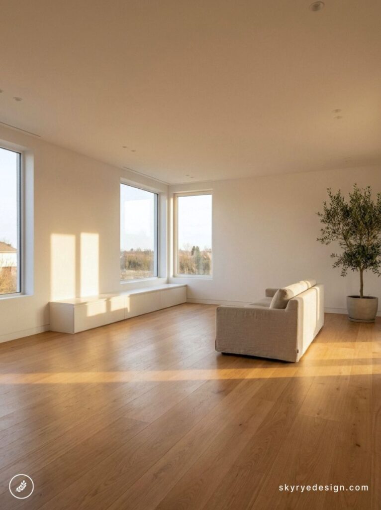 Minimalist living room with oak floors, neutral sofa, large windows and potted olive tree in warm sunlight
