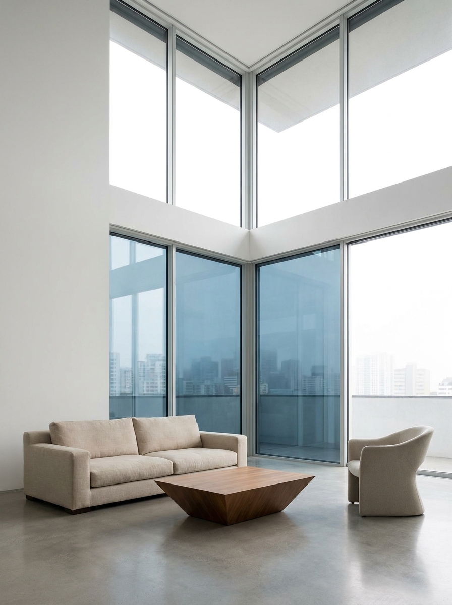 Minimalist modern living room with beige sofa, curved armchair, geometric wooden coffee table and floor-to-ceiling windows.