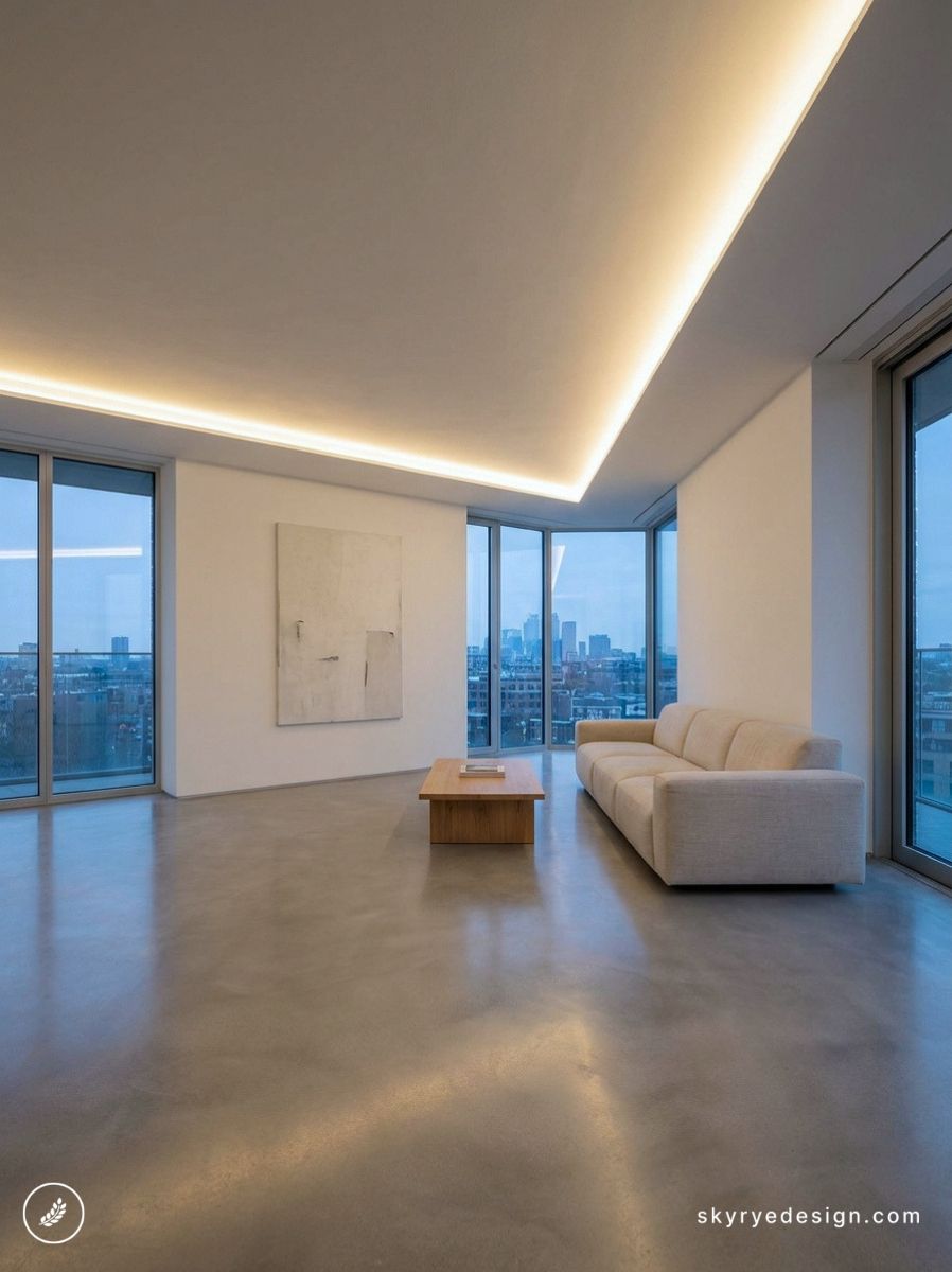 Minimalist modern living room with polished concrete floor, LED cove lighting, floor-to-ceiling windows and city skyline view