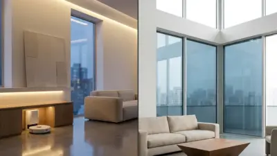 Split-view of two modern living rooms: left shows warm lighting, a beige sofa, abstract art, and a robotic vacuum on a polished floor; right shows a bright space with large glass windows and a beige sofa around a wooden coffee table.