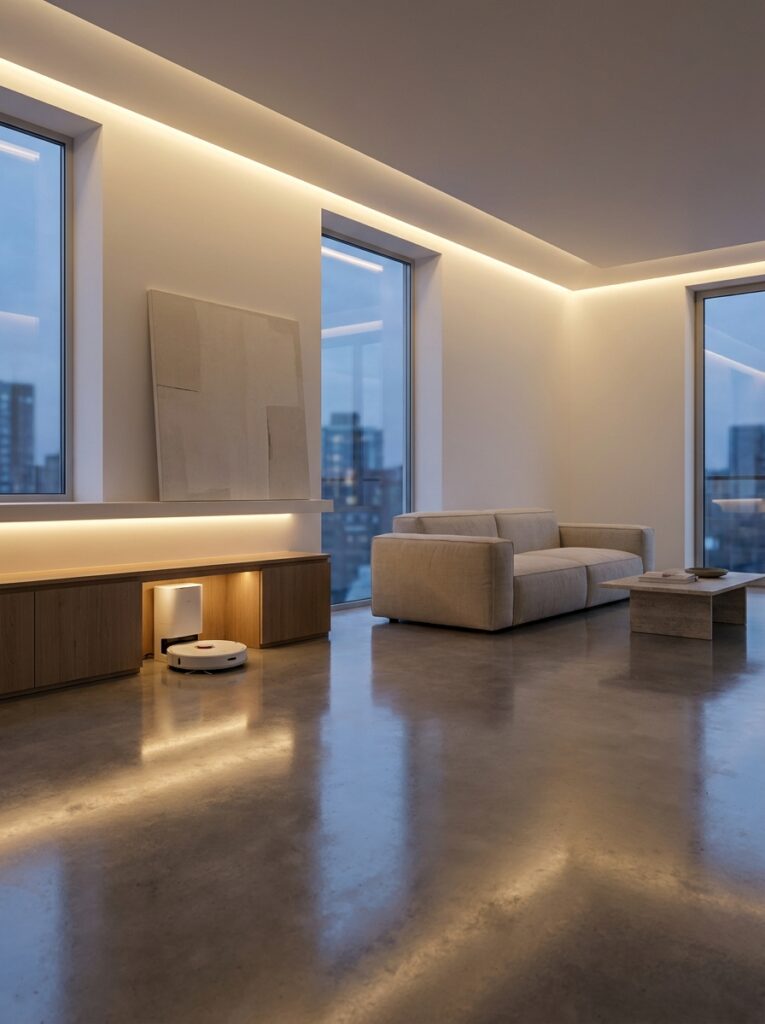 Modern minimalist living room with LED ambient lighting, polished concrete floor, floor-to-ceiling windows and robot vacuum.