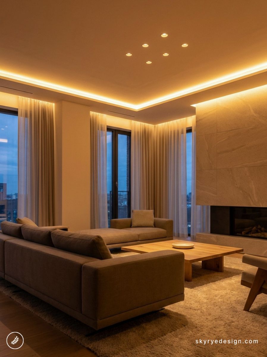 Modern living room with warm ambient lighting, beige sofas, a wooden coffee table, and a fireplace, framed by tall windows with sheer curtains.