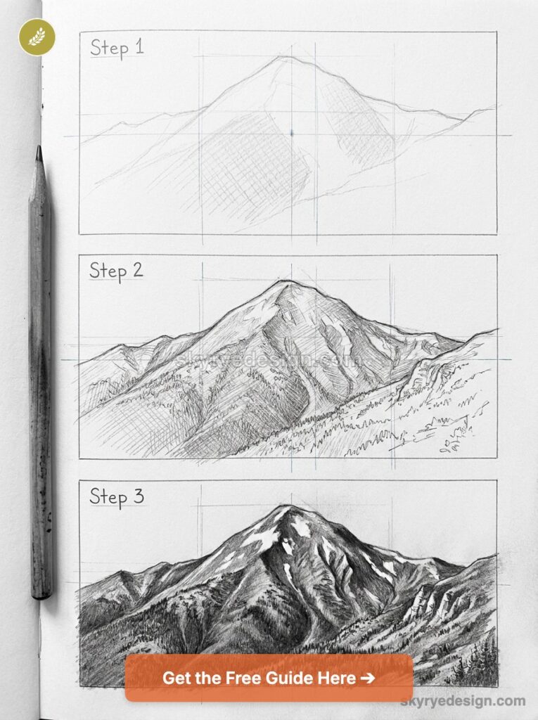 tutorial-hoverla-ukrainian- Step-by-step mountain pencil drawing tutorial in sketchbook showing three stages (Step 1, 2, 3) with pencil at left. | Sky Rye Design Step-by-step mountain pencil drawing tutorial in sketchbook showing three stages (Step 1, 2, 3) with pencil at left.
