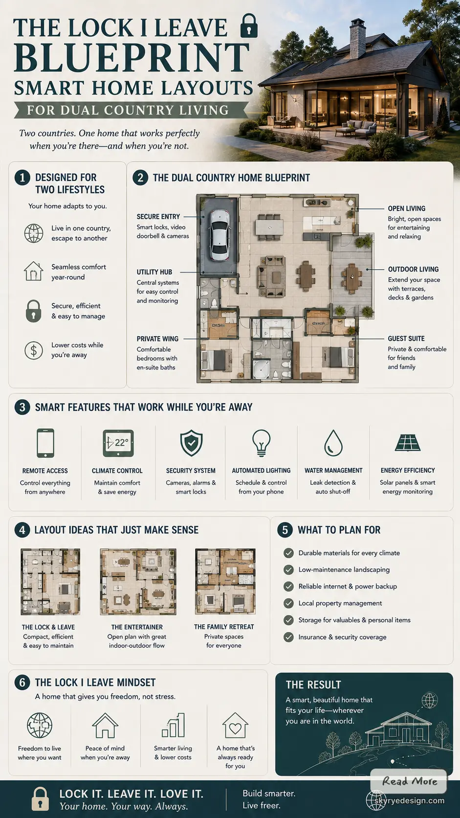 Infographic:'The Lock I Leave' smart home blueprint for dual-country living — floor plan, smart security, automation