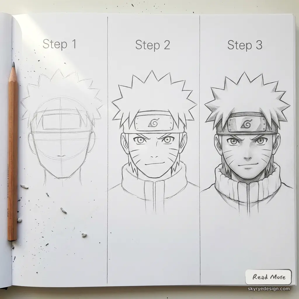 download 30 Three-step pencil tutorial showing how to draw Naruto's face: rough sketch, refined linework, and shading | Sky Rye Design Three-step pencil tutorial showing how to draw Naruto's face: rough sketch, refined linework, and shading