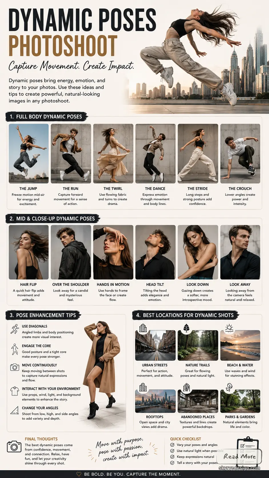 Dynamic Poses Photoshoot infographic with full-body and close-up pose examples, pose tips, and best locations for shoots