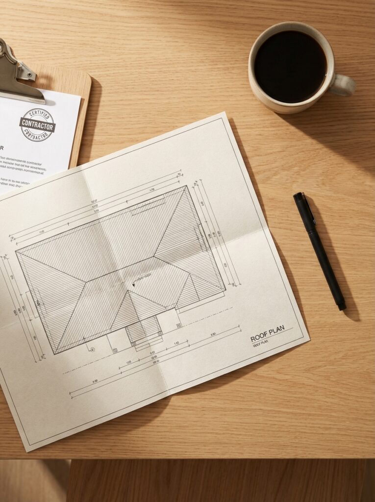 290b56cc-0c75-4fea-8c59-3bcce55a337f Roof plan blueprint on wooden desk with contractor clipboard, pen and coffee cup — residential construction design | Sky Rye Design Roof plan blueprint on wooden desk with contractor clipboard, pen and coffee cup — residential construction design