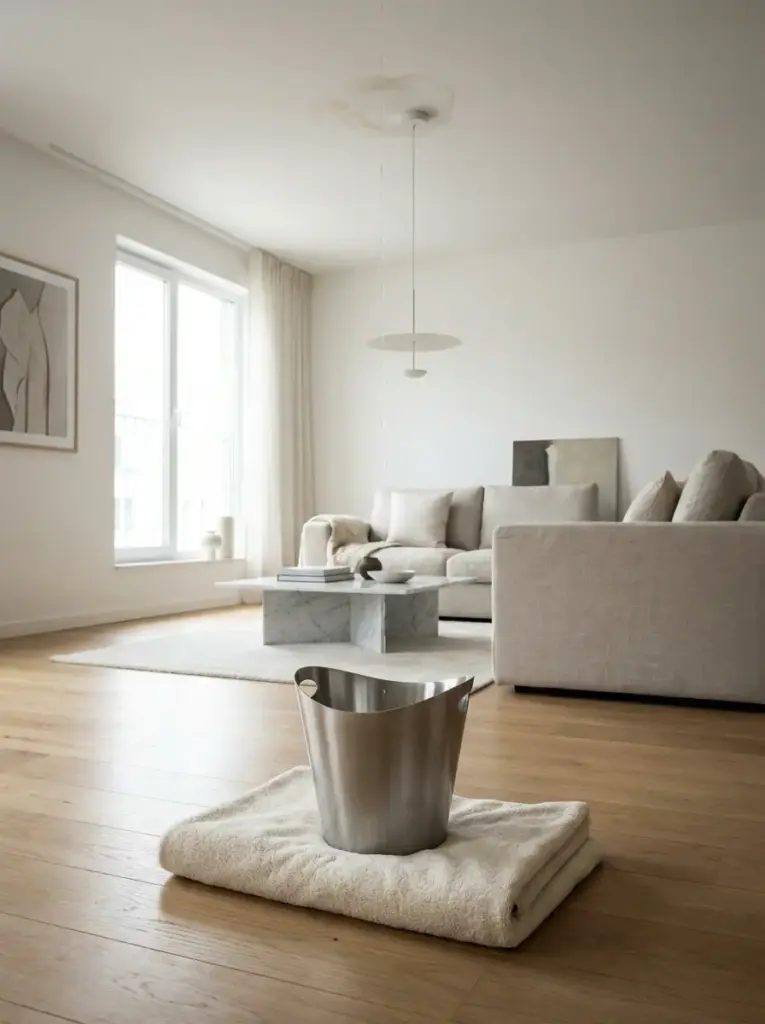 52da5d76-fee0-4330-8db3-9a289fdfef25 Scandinavian minimalist living room with beige sofa, marble coffee table, hardwood floor and metal bucket on towel | Sky Rye Design Scandinavian minimalist living room with beige sofa, marble coffee table, hardwood floor and metal bucket on towel