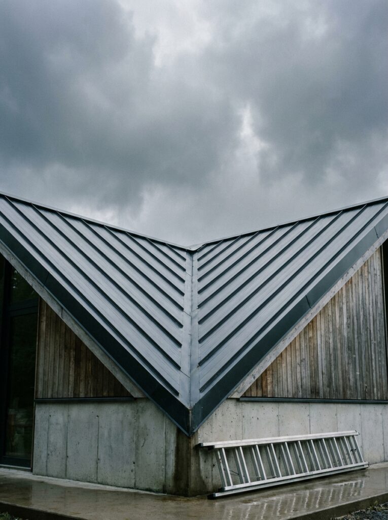 e6c12fbf-ee9e-4c6d-ba15-d804447580a2 V-shaped standing-seam metal roof on modern building with wood siding, ladder and overcast sky | Sky Rye Design V-shaped standing-seam metal roof on modern building with wood siding, ladder and overcast sky