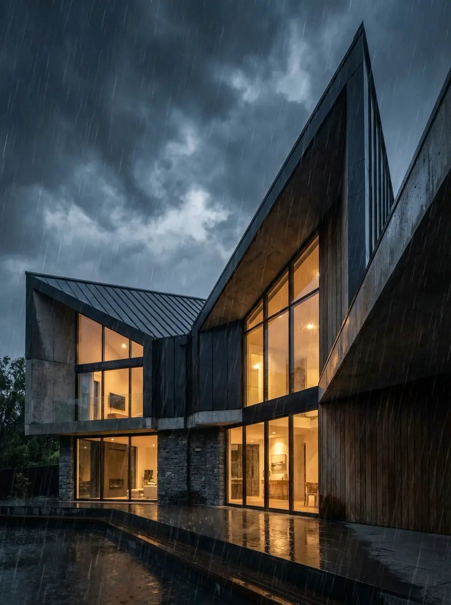 5af7febc-c5fb-455d-b0a2-8a0757e0f426 Modern luxury house exterior with floor-to-ceiling glass windows lit at night under heavy rain and dramatic clouds | Sky Rye Design Modern luxury house exterior with floor-to-ceiling glass windows lit at night under heavy rain and dramatic clouds