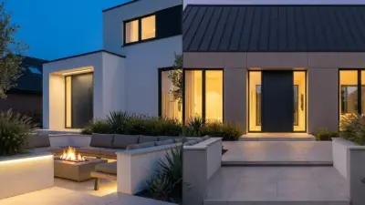 Modern minimalist home exterior at dusk with illuminated entryway, patio seating area and fire pit