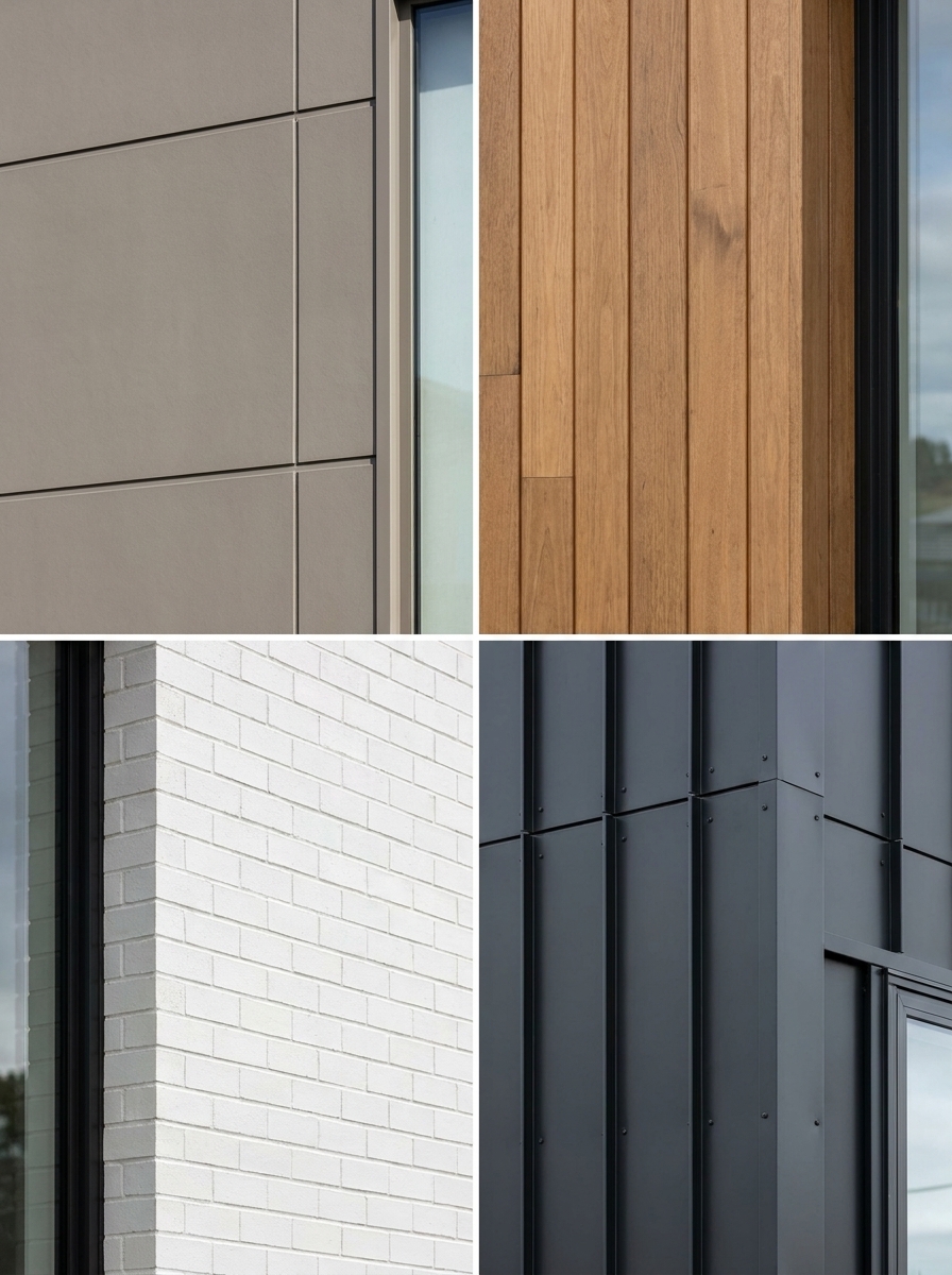 Exterior cladding collage: fiber cement panels, vertical cedar siding, white brick and black metal panels