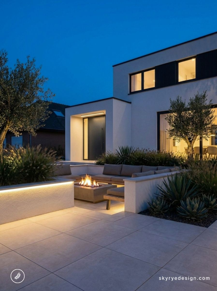 Modern minimalist home exterior with illuminated sunken patio, built-in seating and fire pit, evening landscape lighting