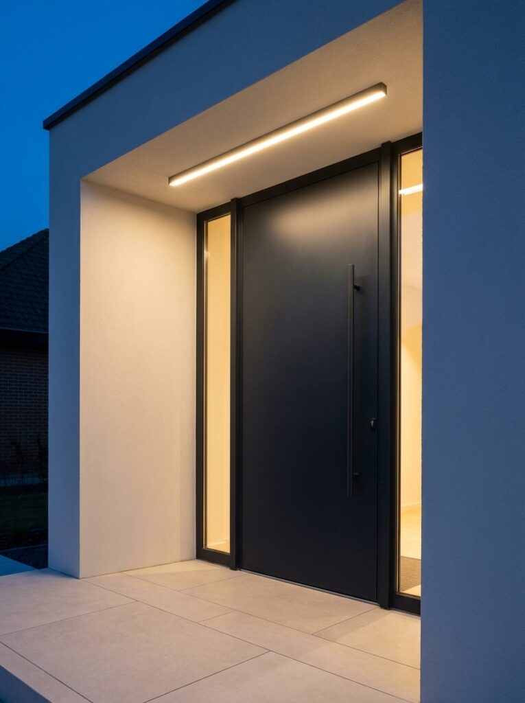 Modern minimalist black front door with sidelights and linear LED canopy light at dusk, tiled entryway