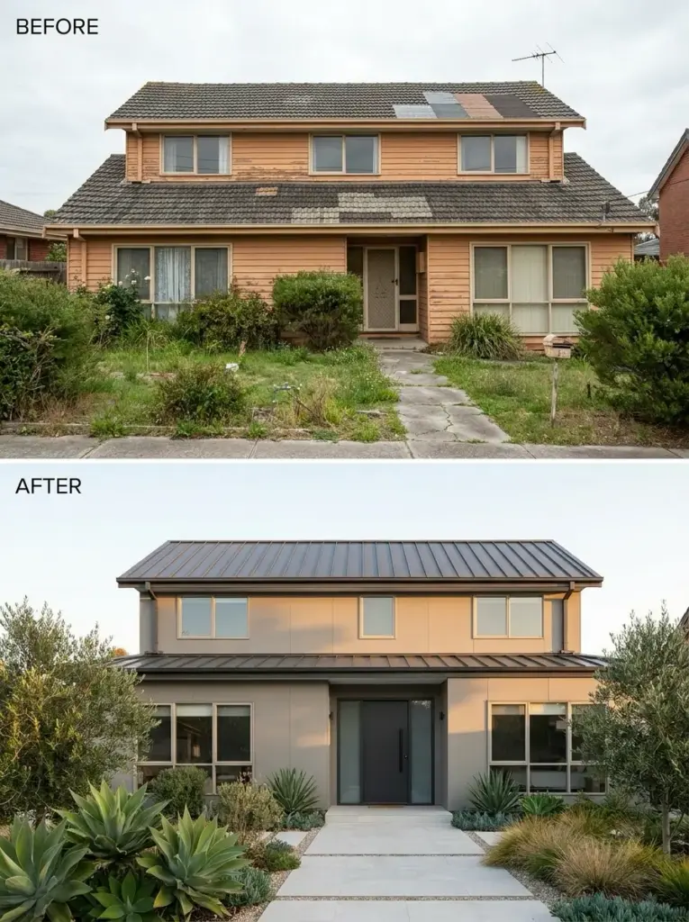 Before-and-after home renovation: outdated two-story becomes modern grey house with metal roof and xeriscape garden
