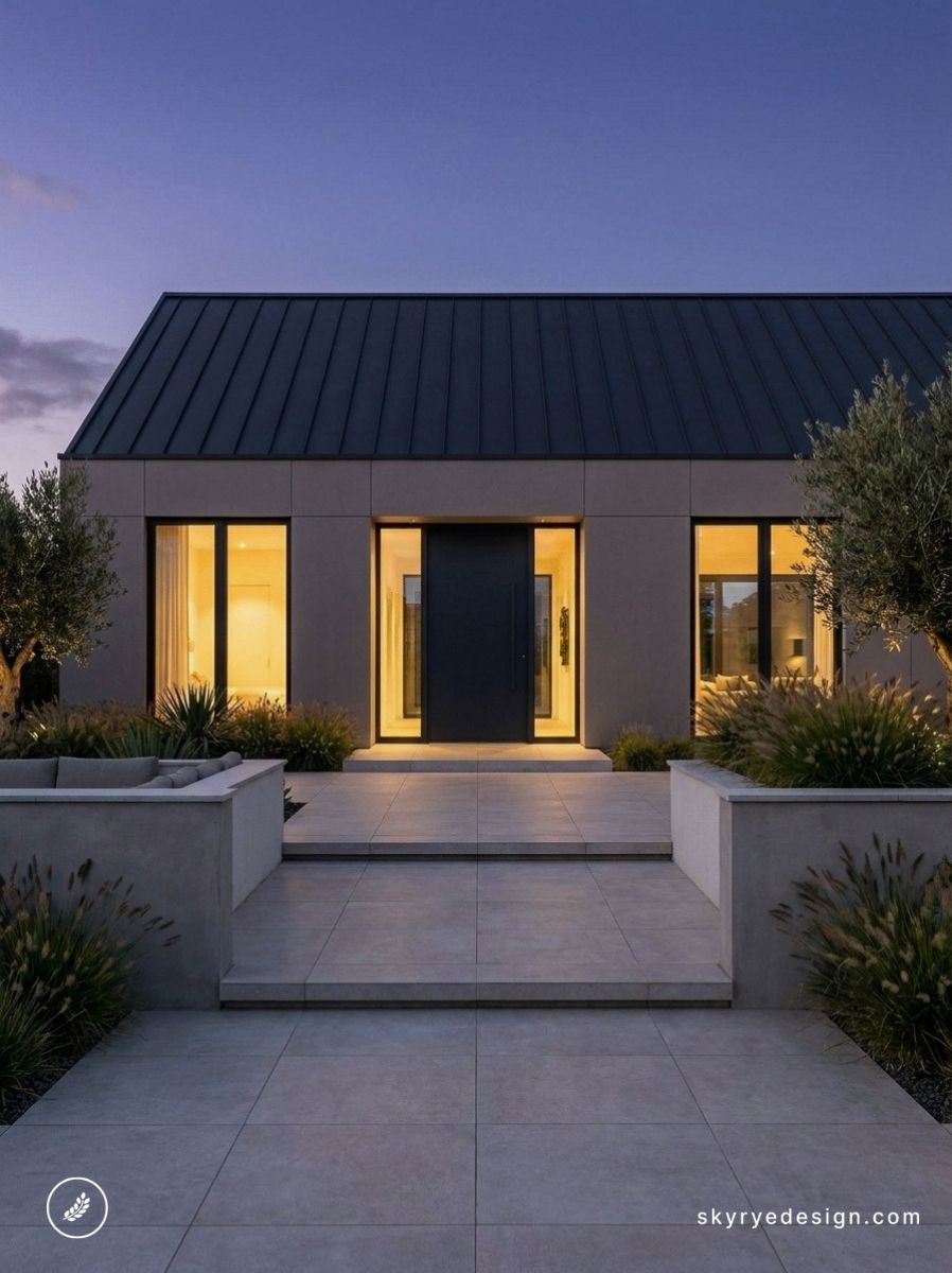 Modern minimalist home facade at dusk with illuminated front entrance, tiled steps, dark metal roof and landscaped planters.