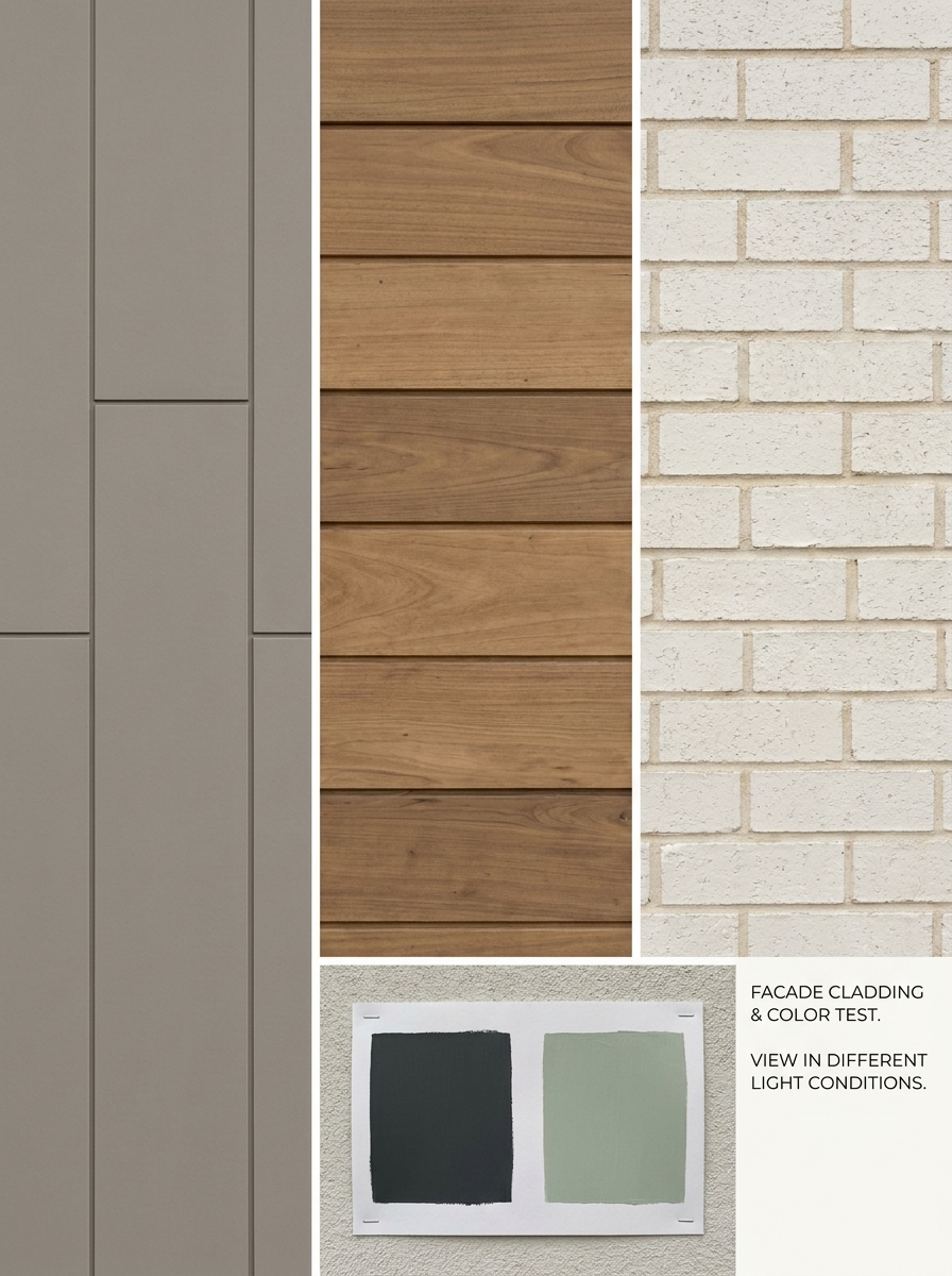 Facade cladding: vertical gray panels, horizontal wood siding, white brick, charcoal and sage paint swatches