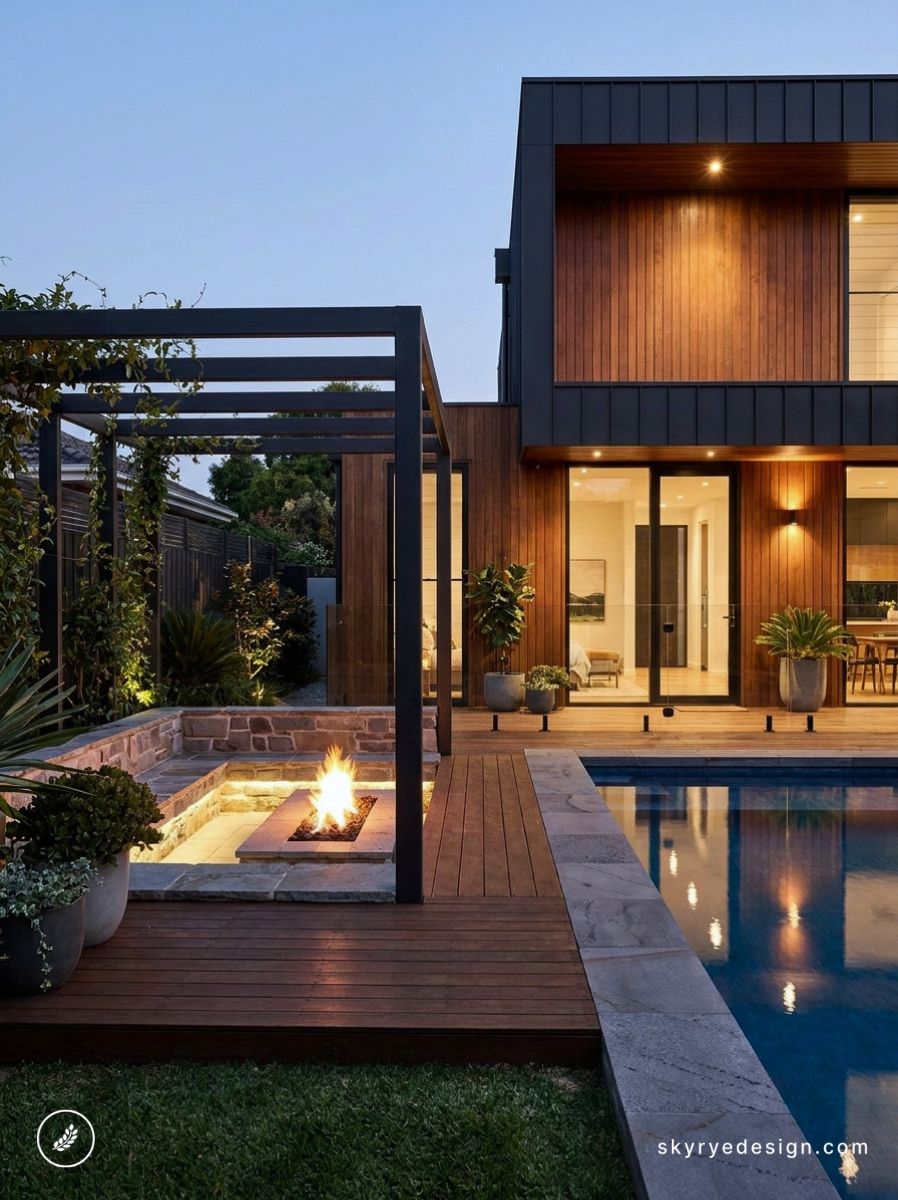 Luxury modern wood-clad home with backyard pool, wooden deck, pergola and built-in fire pit lit at dusk.