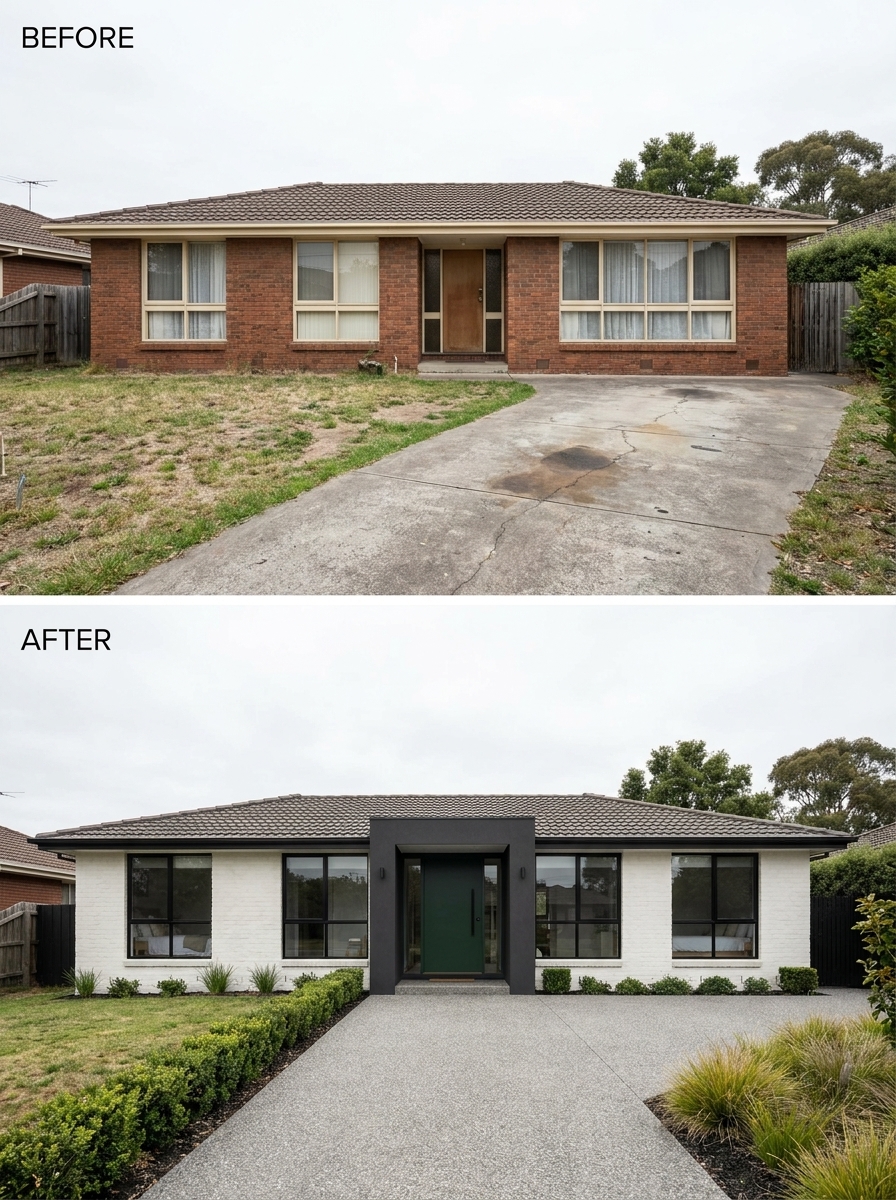 Before and after exterior renovation of brick house: white facade, dark portico, green door, new driveway and landscaping